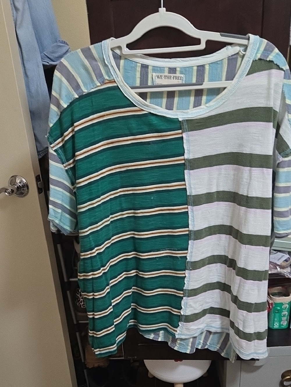 We The Free Green, White & Blue Striped Patchwork Tee
